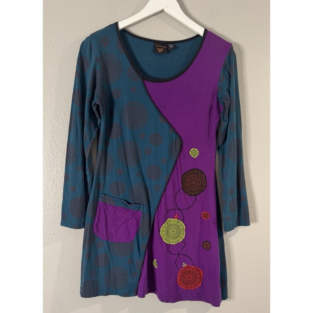 Lunieva 100% Cotton Made in Nepal Embroidered Colorblock Asymmetric Tunic Boho M